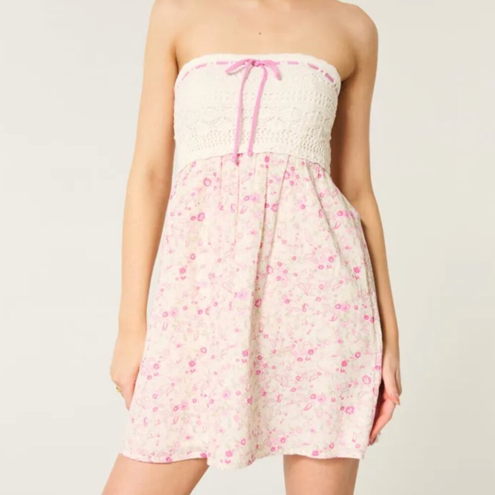 Hollister Crochet-Style Mix Strapless Mini Dress Pink